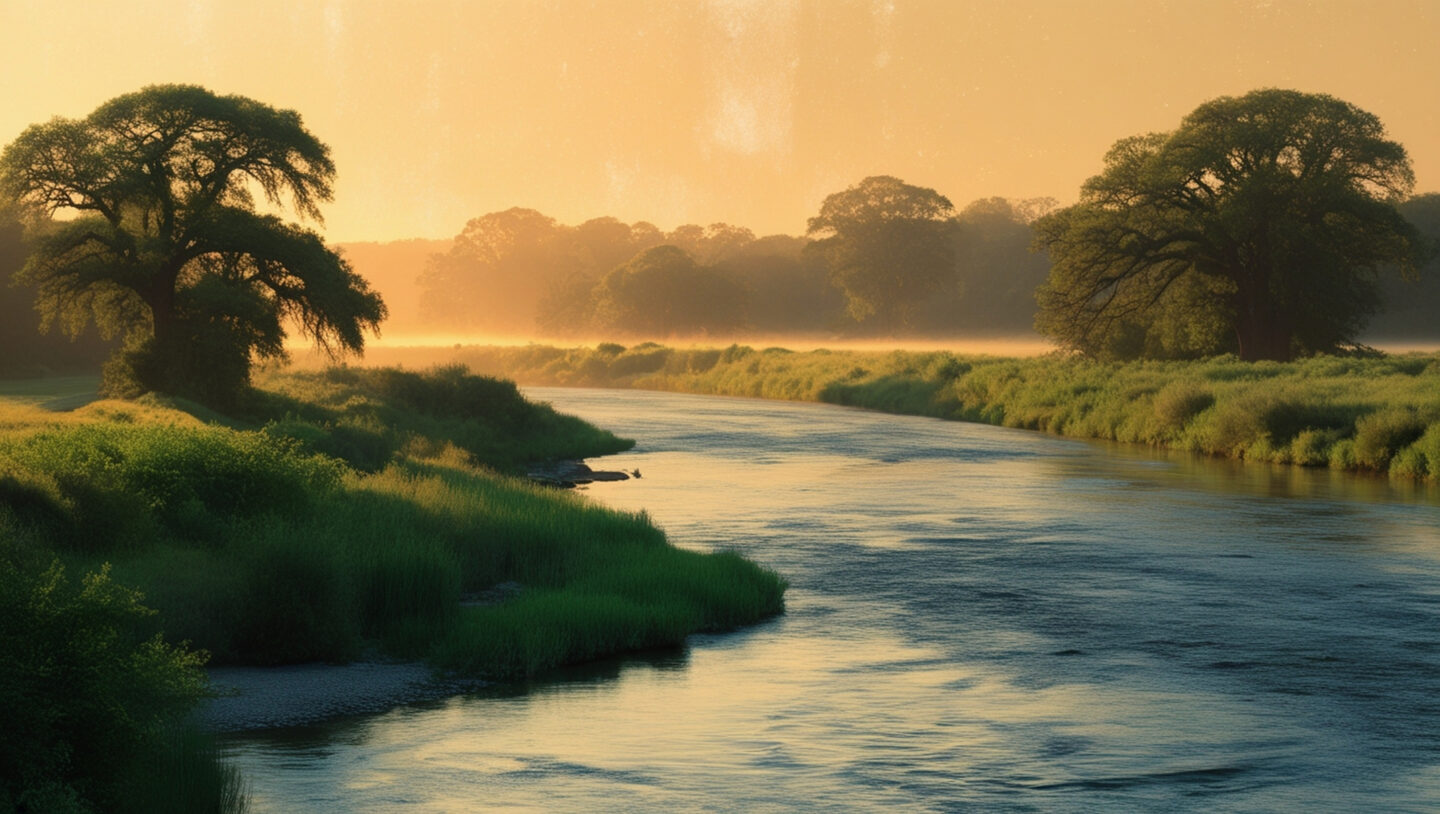 River running through lush African jungle at sunset, a yellow fever risk landscape