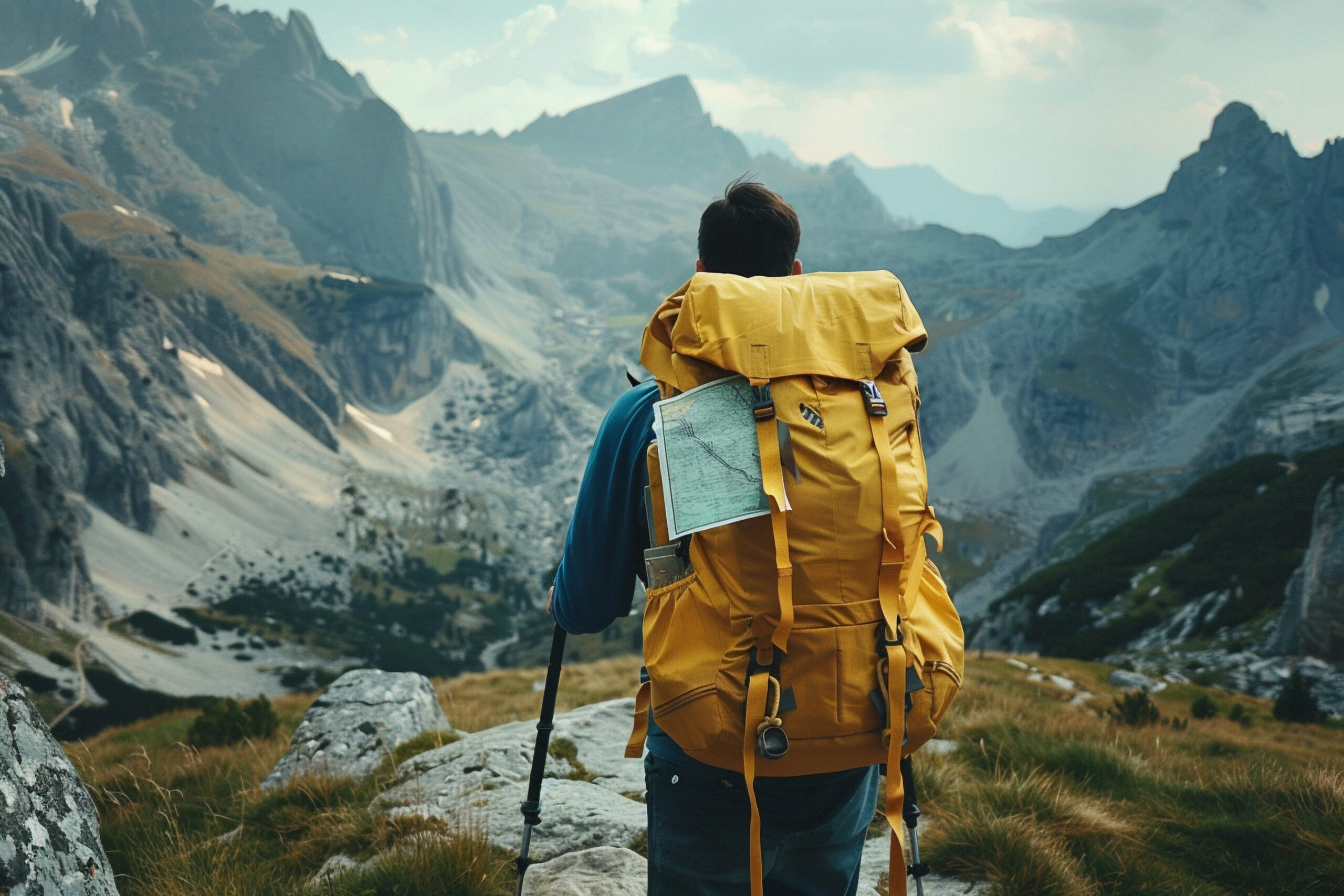Backpacker looking out over a mountain range on a trekking holiday