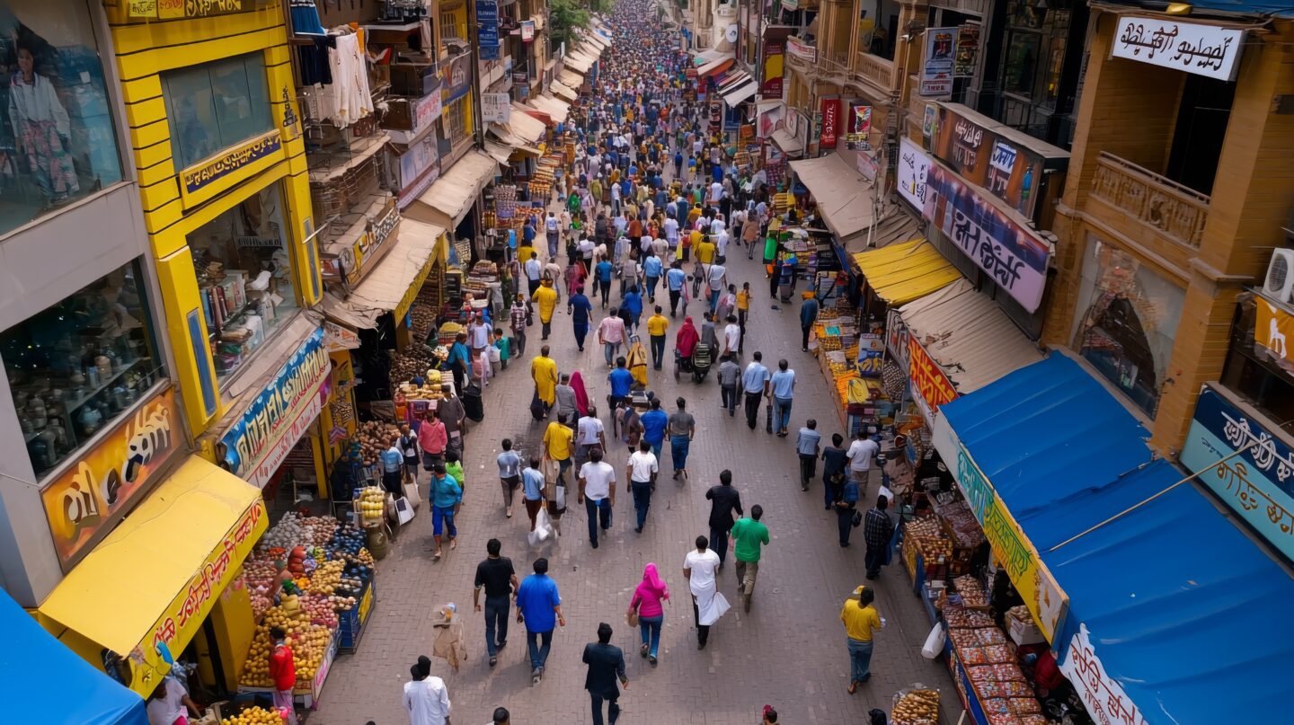 Busy street market scene in Chandni Chowk, India, a destination where typhoid vaccination is recommended