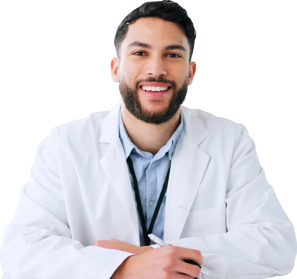 A pharmacist sat down ready for a consultation