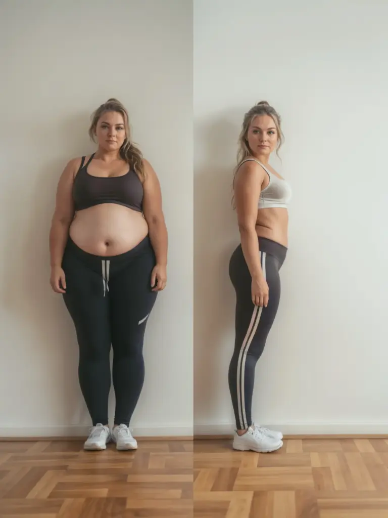 What results to expect with Mounjaro, a Week by Week Guide 3 before after photo woman sportswear standing beside wall 1