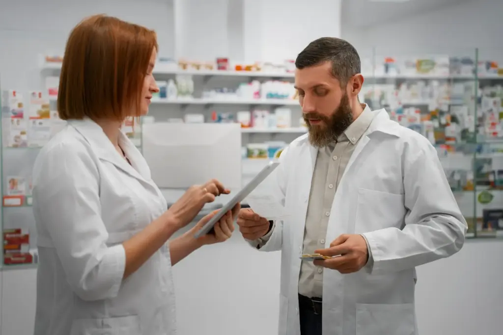female pharmacist training male coworker with tablet pharmacy