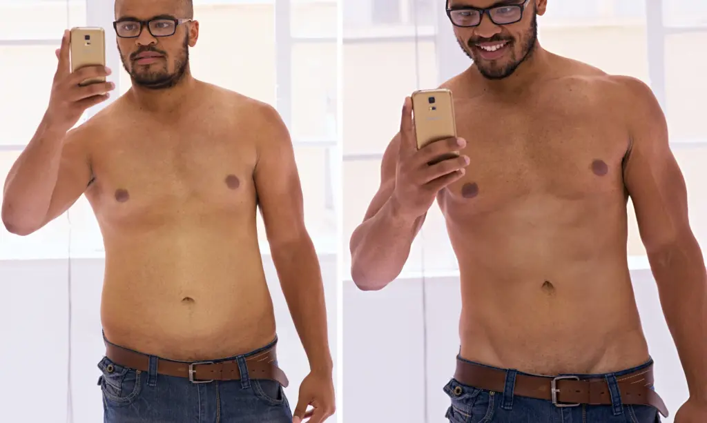 A man taking a selfie to show of his results before and after his weight loss treatment and working out